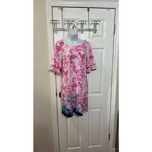 Lilly Pulitzer Lula Dress Coral‎ Reef Tint Flamingle Engineered Waffle sleeves S